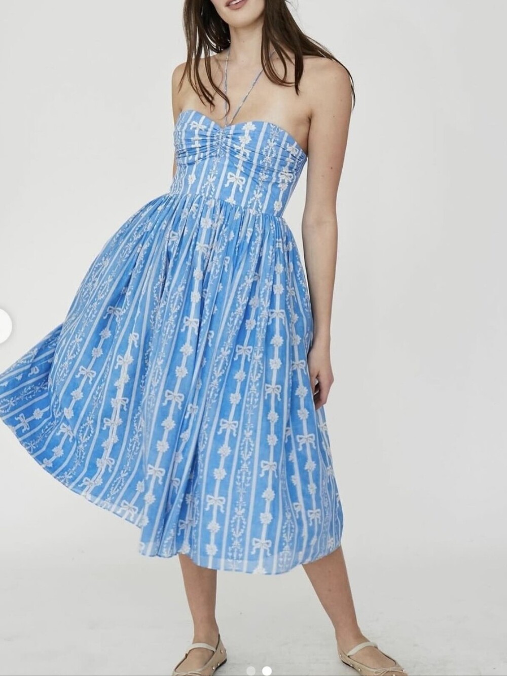 Rachel Antonoff Blue White Midi Floral Bow Print Dress Size Small